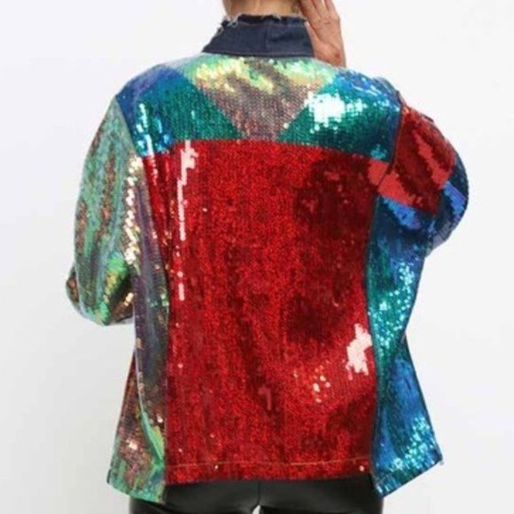 Callie Lives Celebration: Multi-Color Block Sequin Denim Jean Jacket M/L/XL - Picture 8 of 12